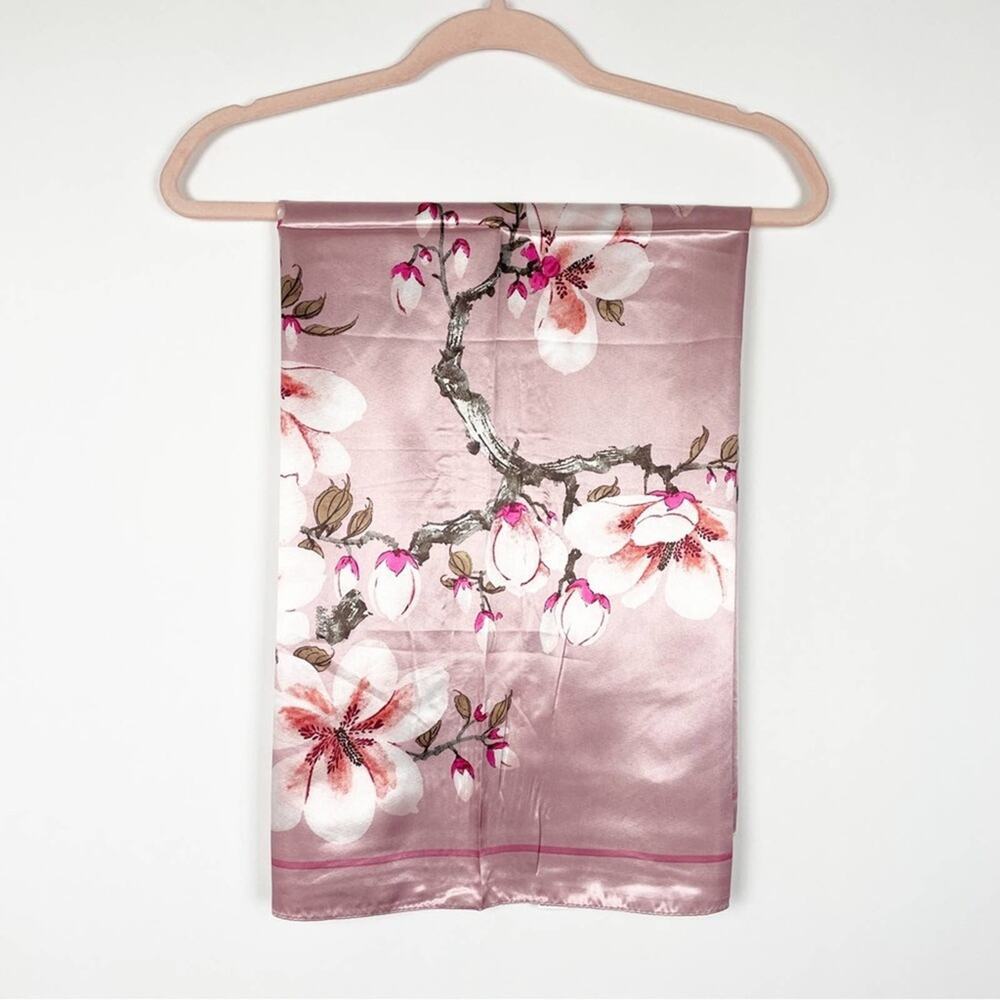 2/$30 NEW Pink Floral White Flower Printed Silky Fashion Scarf - Picture 3 of 7